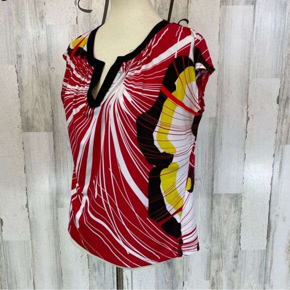 Worthington Red Black Yellow Print Sleeveless V Neck Liquid Knit Shirt Top Sz PL - Picture 4 of 7
